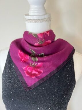 Vtg 80-90s Softgirl Feminine Romantic Sheer Rose Floral Silk Square Scarf 🌹